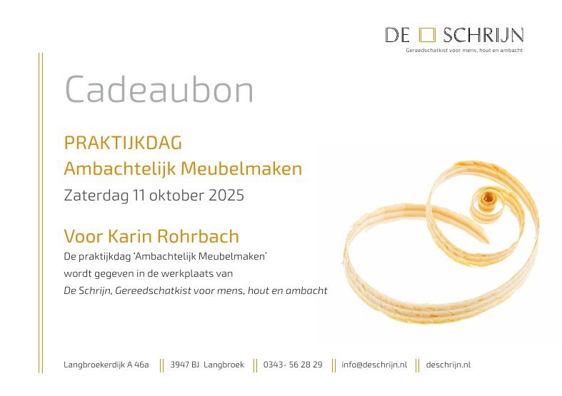 Cadeaubon praktijkdag ambachtelijk meubelmaken certificaat praktijkdag