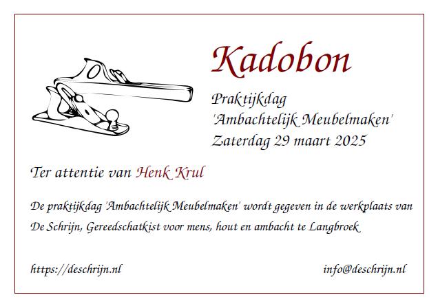 Kadobon praktijkdag ambachtelijk meubelmaken certificaat praktijkdag