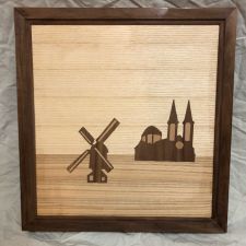 Oefenbord restauratietechnieken - Landschap met kerk en molen (Uden, Brabant)
Uitgevoerd in noten-,